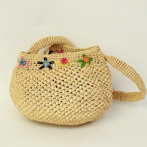 【SALE】ラフィア編みバッグ ポット 縁花ビーズ ナチュラル @5,000→4,000円