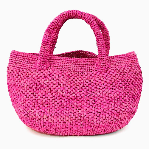 ラフィア編みバッグ ポット手提げ ピンク