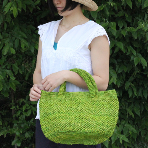 ラフィア編みバッグ ポット手提げ 黄緑