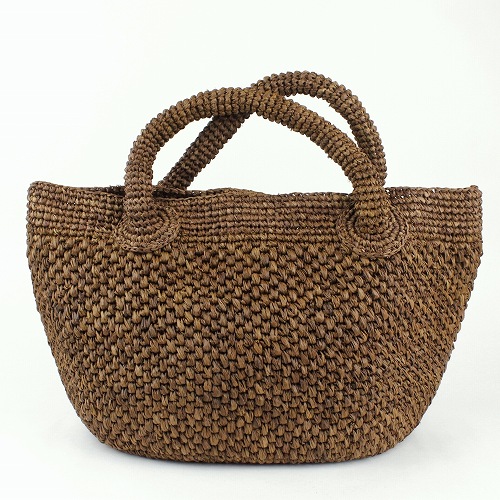 ラフィア編みバッグ ポット手提げ 磁石付 草木染 濃茶