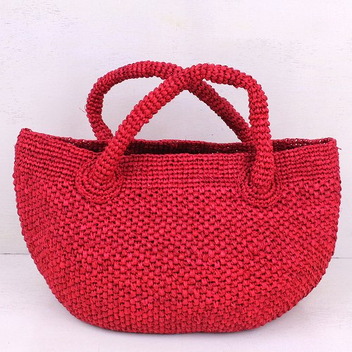 ラフィア編みバッグ ポット手提げ 磁石付 赤