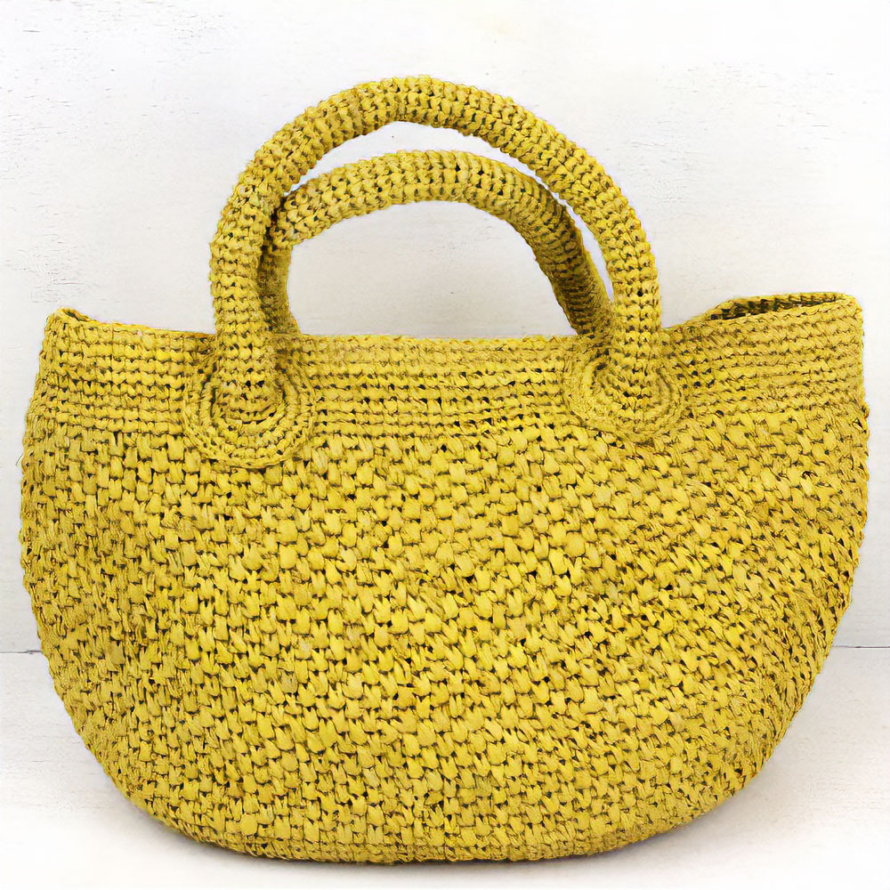ラフィア編みバッグ ポット手提げ 磁石付 黄