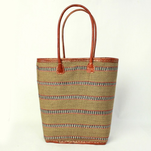 マダガスカル野蚕布 A4かごバッグ 革ハンドル 薄茶