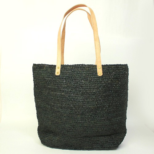 ラフィア編み四角トート 平革ハンドル 黒