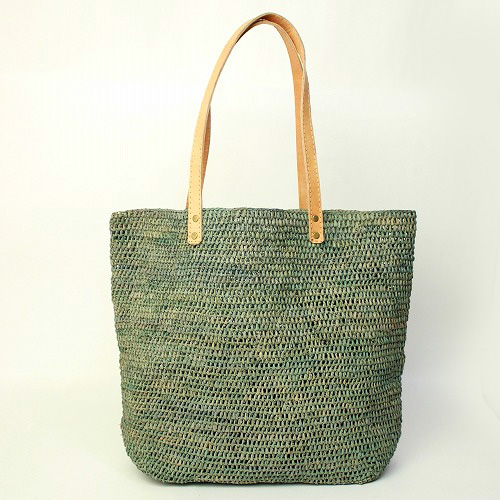 ラフィア編み四角トート 平革ハンドル ブルーグレー
