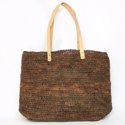 ラフィア編み四角トート 平革ハンドル 焦げ茶