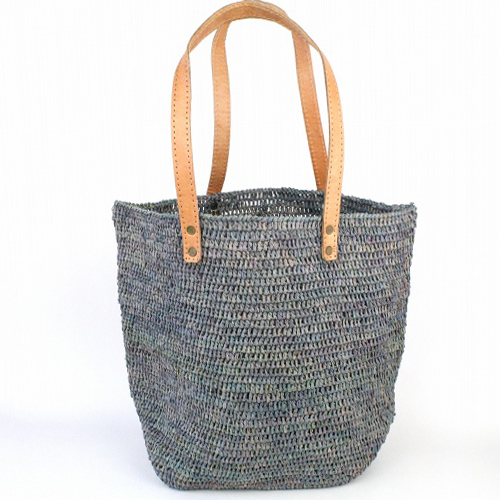 ラフィア編み四角トート 平革ハンドル ブルーグレー 底16x20