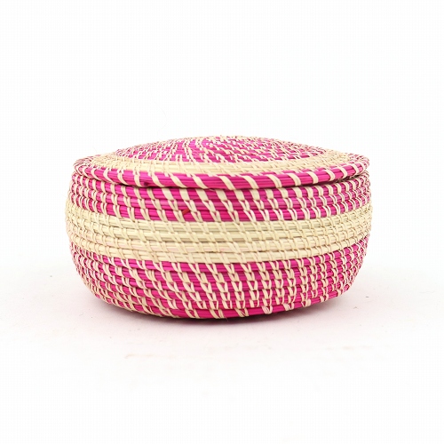 【SALE】エチオピアバスケット　小　円ふた付き　白ピンク @2400→1600