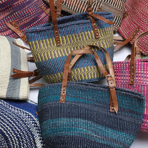 サイザル10インチボーダー柄バッグ 平革ハンドル(調節可能)  柄 アソート