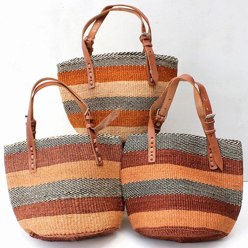 サイザルバッグ8x9平革ハンドル 調節可能 茶ボーダー