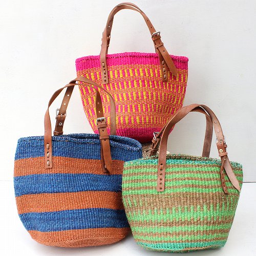 サイザルバッグ8x9平革ハンドル 調節可能 ミックス系ピンク/ミックス系緑青/ミックス系マルチ