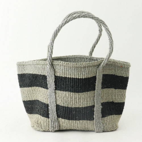 サイザルバッグ四角底トートミニ 平ハンドルぐるり ボーダー グレーx黒