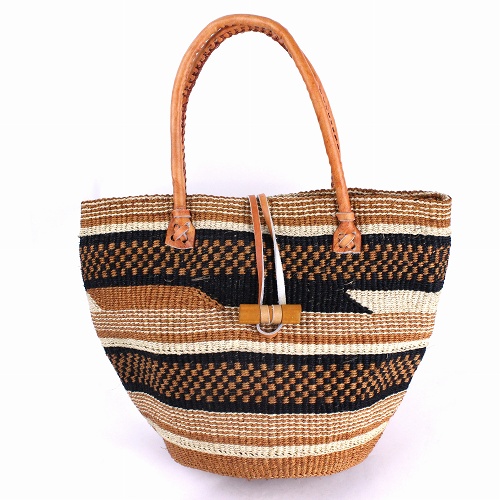 サイザル伝統柄バッグ 丸革ハンドル 木止め