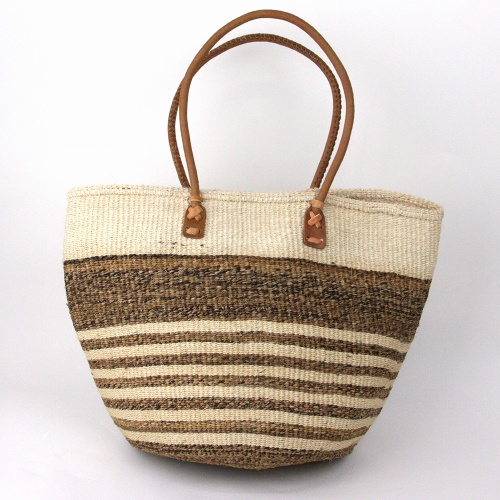 サイザルバナナバッグ10x12 丸革ハンドル 太細ボーダー 生成