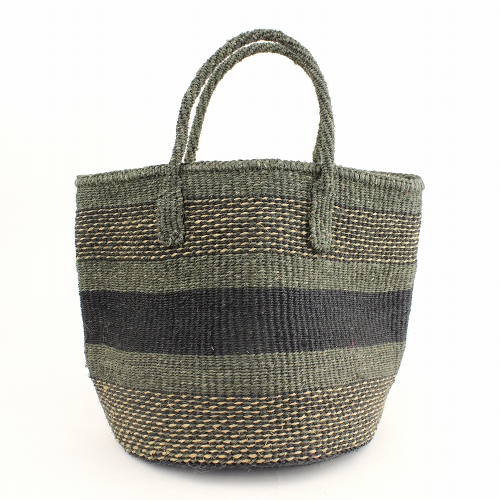 サイザルバッグ共手9インチ ミックス太ボーダー 黒xダークグリーン