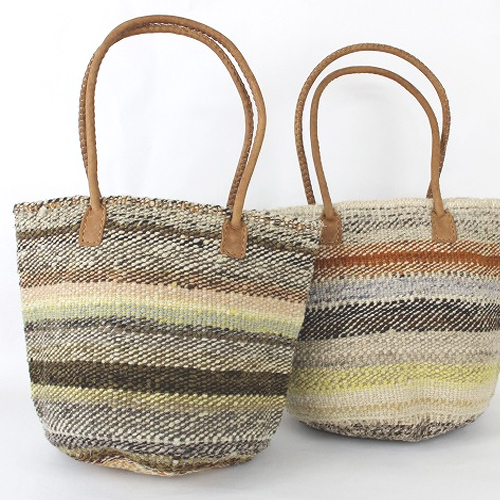 ケナナウール(羊毛)サイザルバッグ10インチ 丸革ハンドル 薄茶