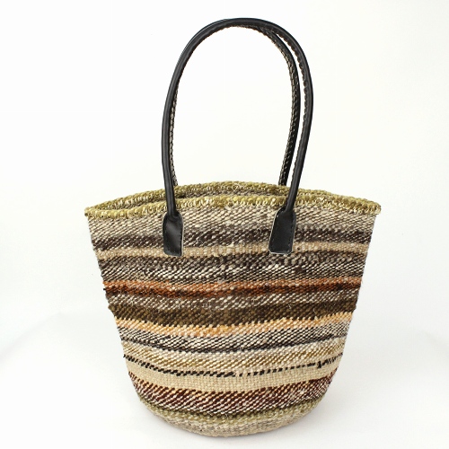 ケナナウール(羊毛)サイザルバッグ10インチ 丸革ハンドル 黒