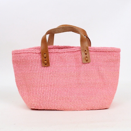 サイザルバッグ四角底トートミニ 幅広平革ハンドル ペールピンク