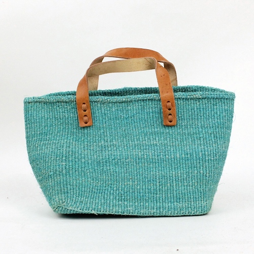 サイザルバッグ四角底トートミニ 幅広平革ハンドル ミント