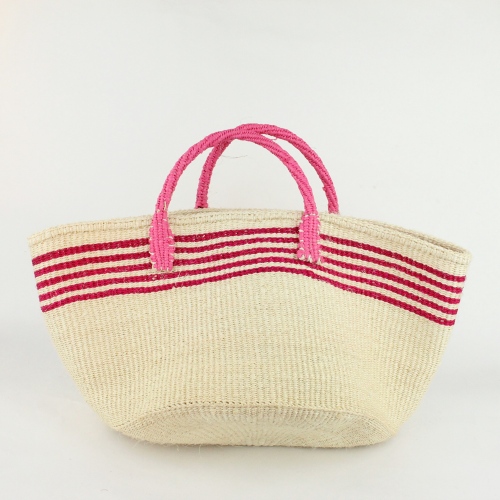 サイザルバッグ12x8 ハンドル長 上ボーダー 生成xフシア プラハンドル短