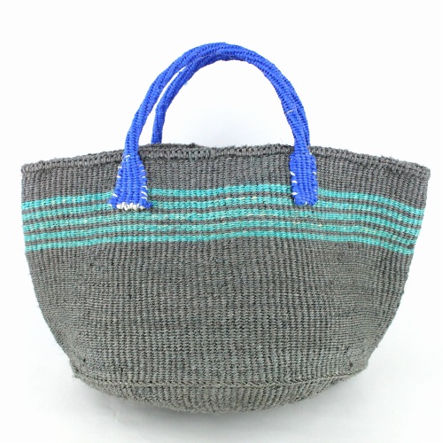 サイザルバッグ12x8 ハンドル長 上ボーダー グレーxミント プラハンドル短