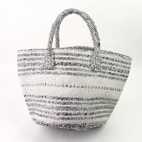 プラスチックサイザルバッグ共手9インチ ボーダードット シルバーxプラ白