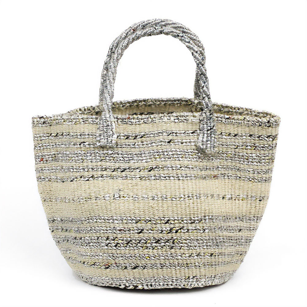 プラスチックサイザルバッグ共手9インチ ボーダードット シルバーxサイザル生成