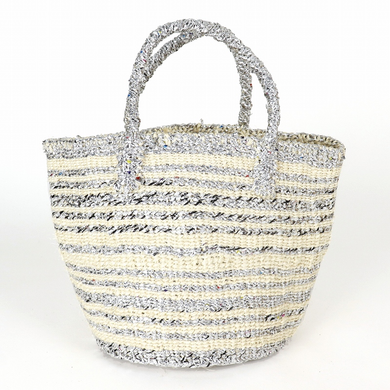 プラスチックサイザルバッグ共手9インチ ボーダー シルバーxサイザル生成