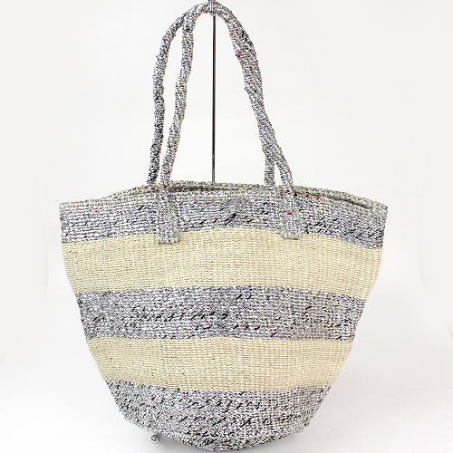 プラスチックサイザルバッグ共手10x12 太ボーダー 生成