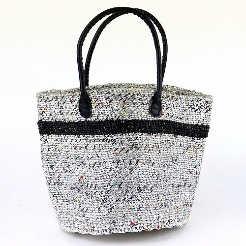 プラスチックサイザルバッグ9インチ 黒革ハンドル 黒1本ボーダー