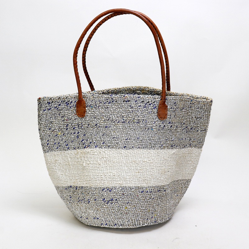 プラスチックサイザルバッグ10x12 丸革ハンドル 白1本太ボーダー