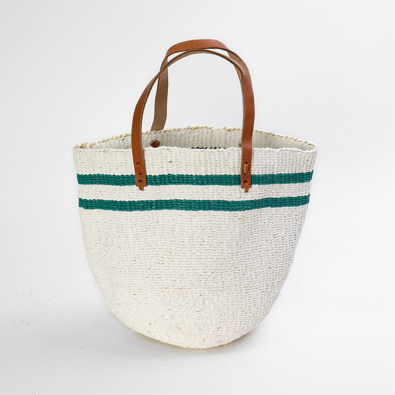 プラスチックサイザルバッグミニ 平革ハンドル 2本ボーダー 白x緑