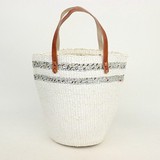 プラスチックサイザルバッグミニ 平革ハンドル 2本ボーダー 白xシルバー