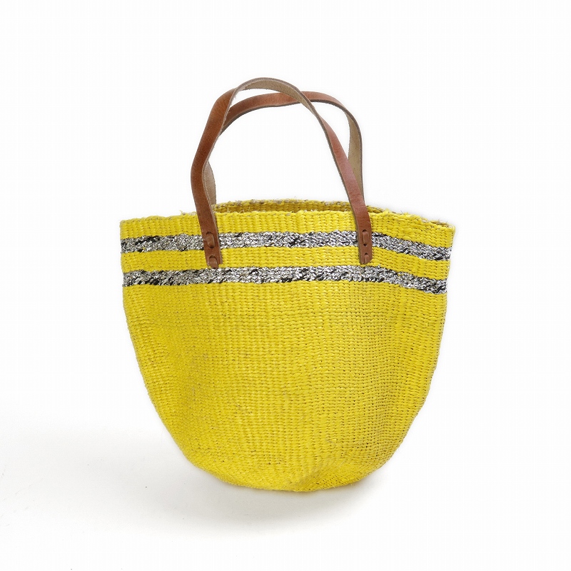 プラスチックサイザルバッグミニ 平革ハンドル 2本ボーダー 黄xシルバー