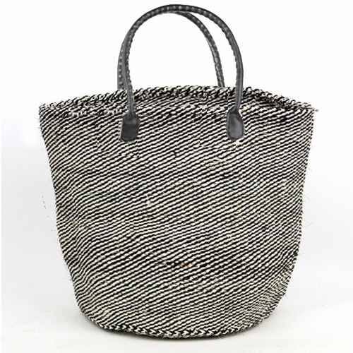 サイザルバッグ10x12 ミックス 黒 丸革ハンドル黒