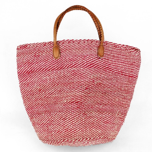 サイザルバッグ10x12 ミックス ピンク 丸革ハンドル赤茶