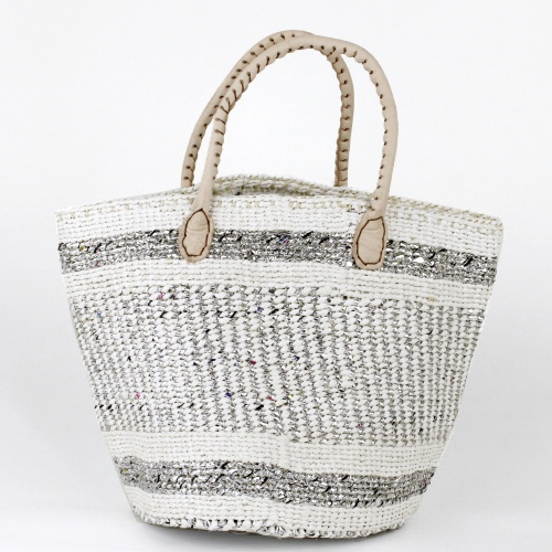 プラスチックバッグ9インチ 丸革ハンドル生成 ストライプ 白xシルバー