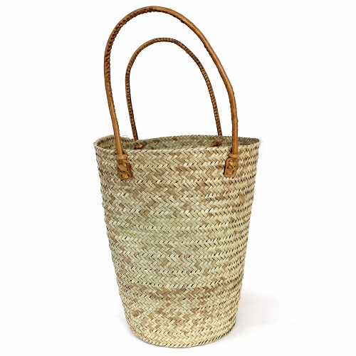 ラム島の椰子バスケット 丸革ハンドル薄茶