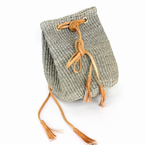 サイザルバッグ巾着 細ストラップ グレー
