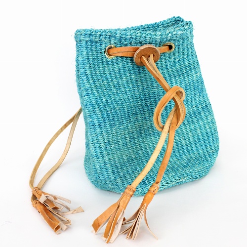 サイザルバッグ巾着 細ストラップ ターコイズ