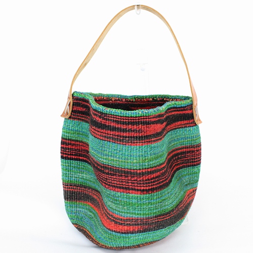 サイザルバッグ 中 かすり編み 平革一本ハンドル茶