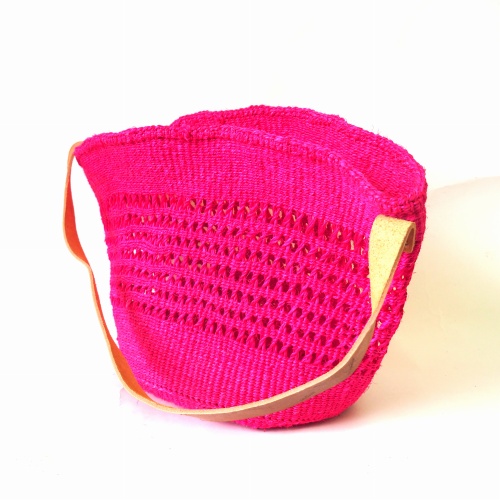 サイザルバッグ10インチ 透かし編み 口幅広 平革スト フシア 18SS一点 @7500→6000円