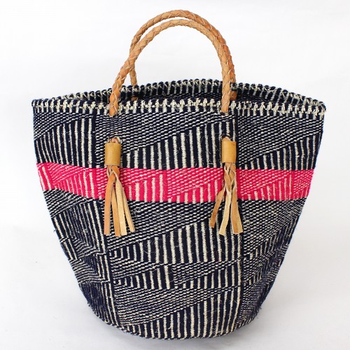 アクリルxサイザルバッグ共手10x12 大小フラッグ 編み革ハンドル フシアx濃紺