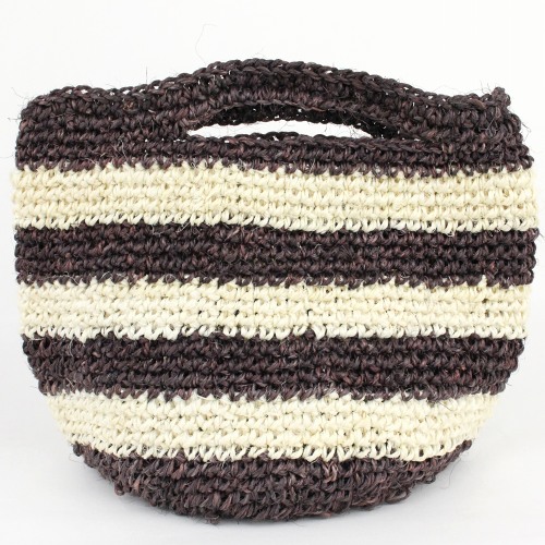 サイザルかぎ編みバッグ9インチ 焦げ茶x生成三本ボーダー