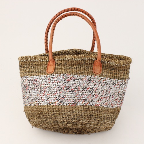 バナナバッグミニ プラ太ボーダー 丸革ハンドル赤茶 シルバー