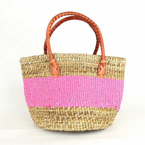 【SALE】バナナバッグミニ プラ太ボーダー 丸革ハンドル赤茶 ピンク 革留 @4100→3500