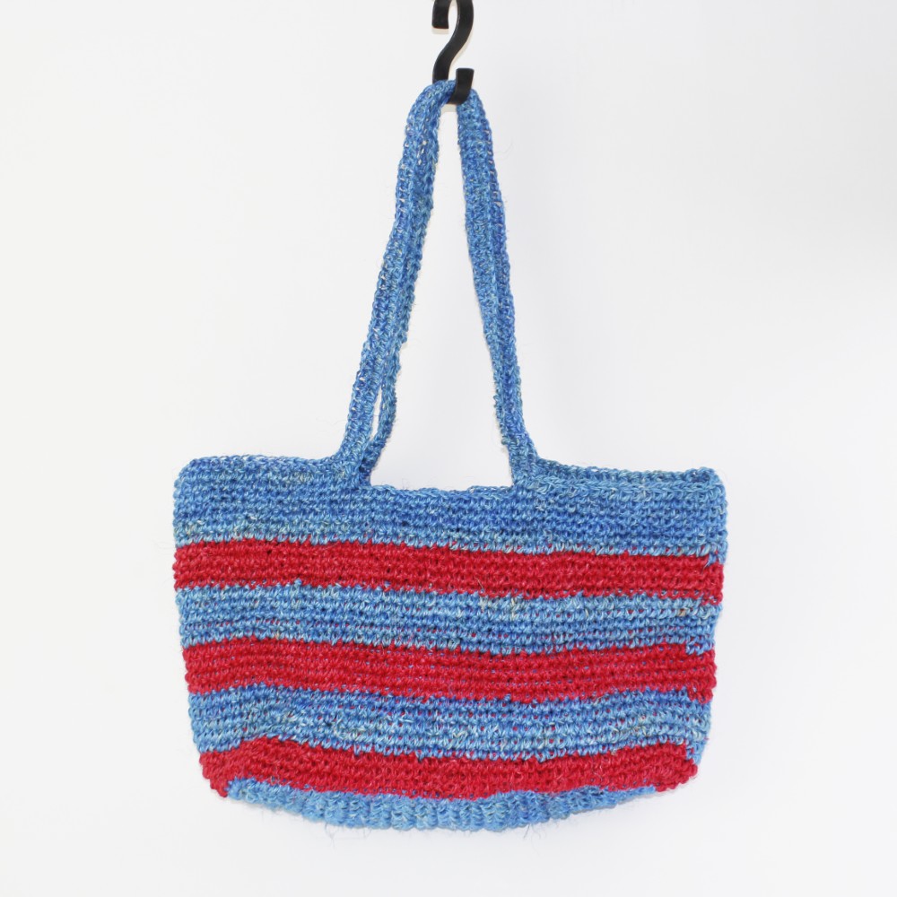 サイザルかぎ編みバッグ四角底12x4x10　ボーダー　サックスx赤19SS一点 7000→5600円