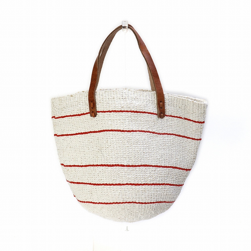 プラスチックサイザルバッグ丸底 平革ハンドル ボーダー 白x赤