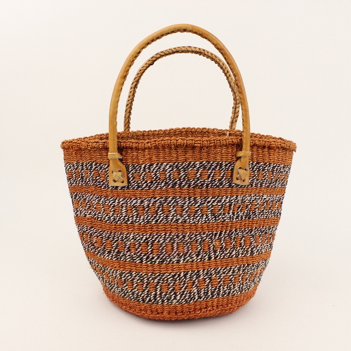 タイタバスケット8x9 草木染 ミックスストライプ 丸革ハンドル薄茶