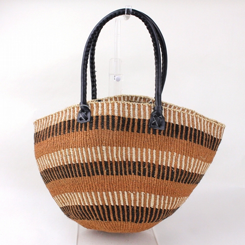 【SALE】タイタバスケット0x12 草木染 底縁なし スタンディングストライプ 丸革ハンドル黒 @6,500→5,000